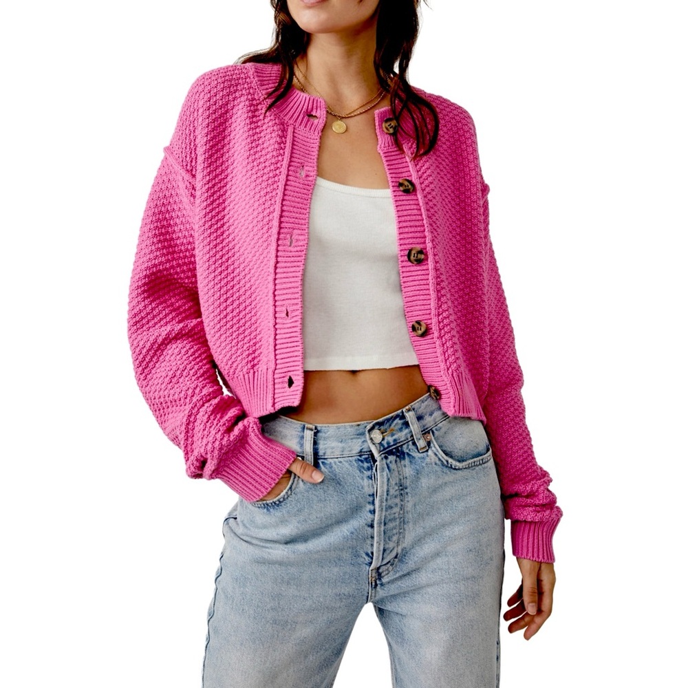 Free People Bright Pink Cropped Knit Cardigan